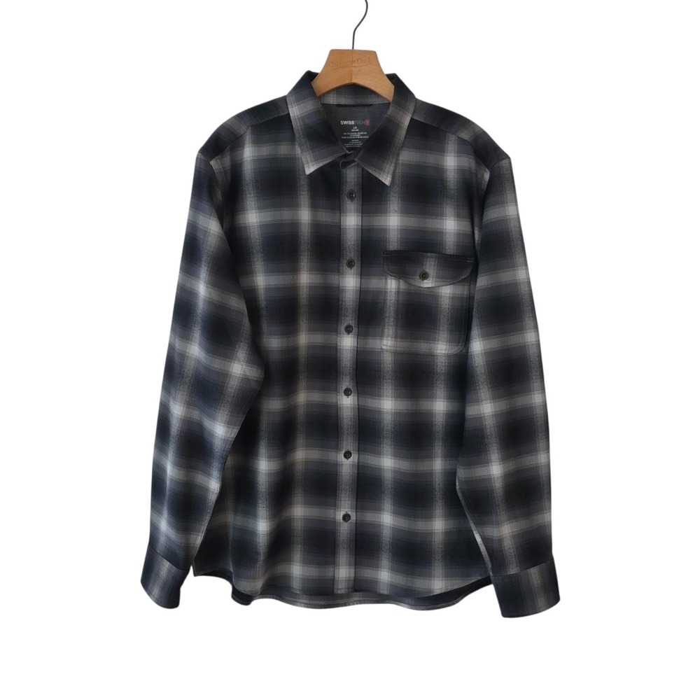 Swiss Tech Flannel Heavyweight Shacket Rich Black Plaid Shadow Mens Large‎
